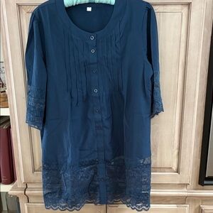 Elegant Navy Button-Up Blouse with Lace Trim